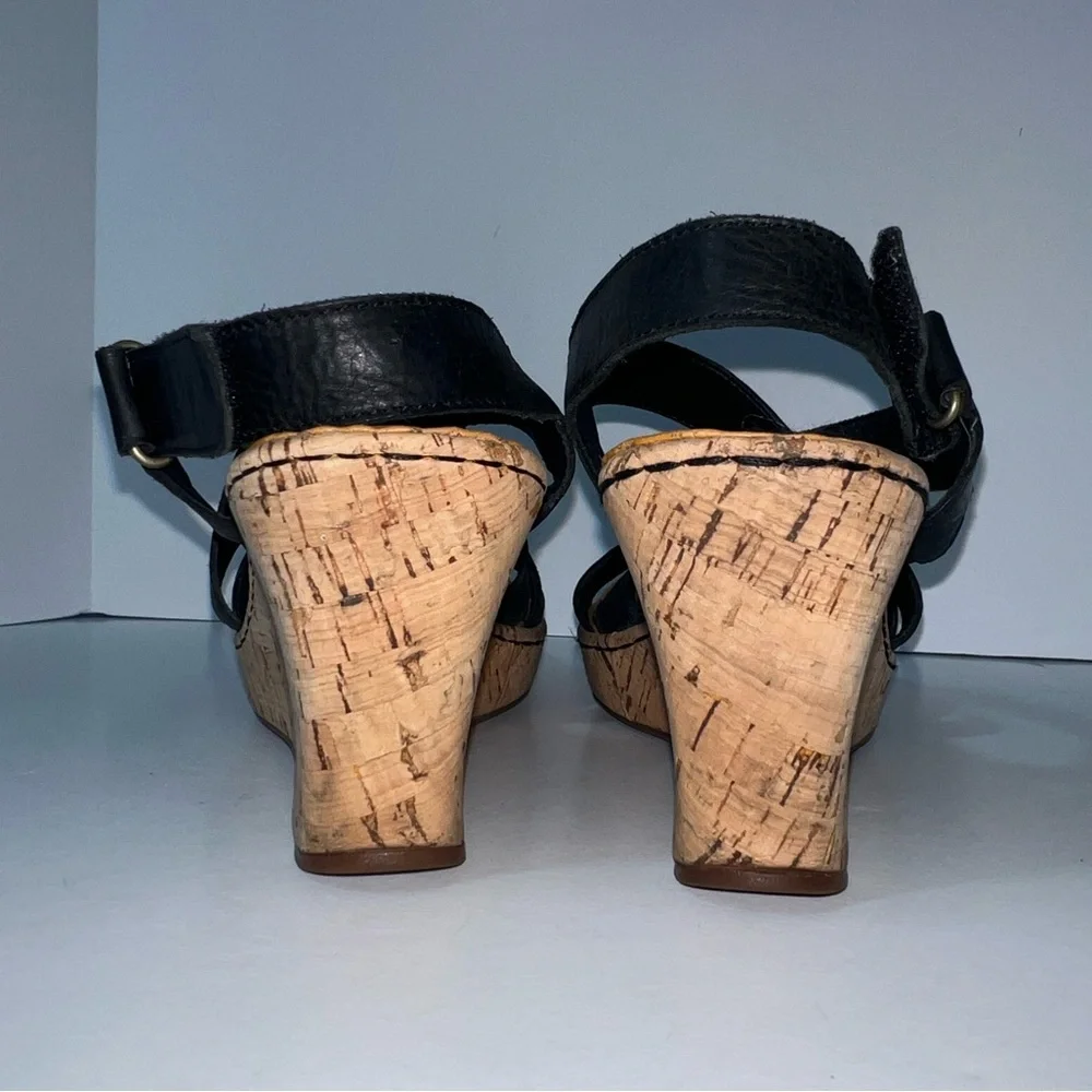 Born Women's‎ Leather Straps Cork Platform Sandal Wedge Black, Size 10